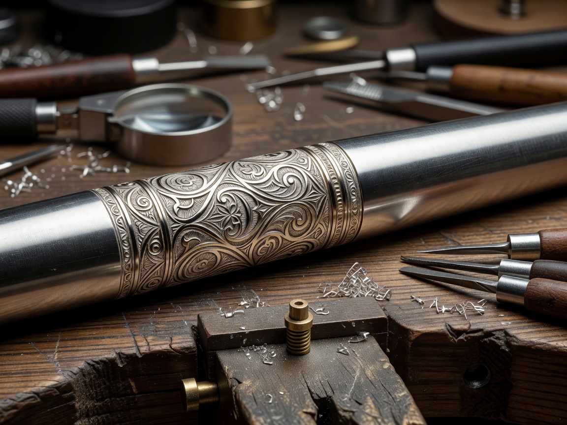 Close inspection of an engraved fountain pen cap band and the transition into the barrel