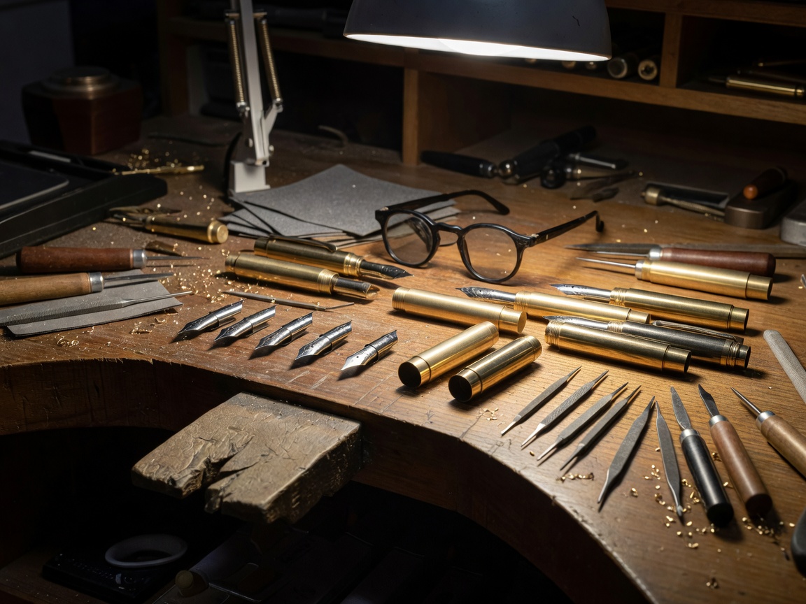 Pen metalwork and small finishing tools arranged on a workshop bench